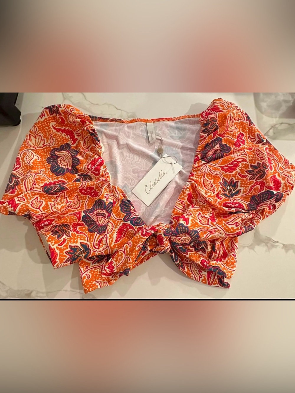 Cleobella Orange Paisley Knot-Front Crop Top